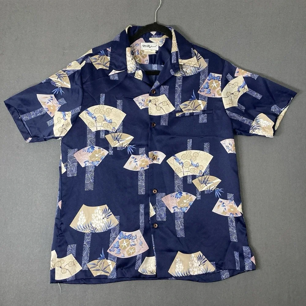 Vintage 70's Tori Richard Blue White Asian Cranes Men's M Hawaiian Aloha Shirt